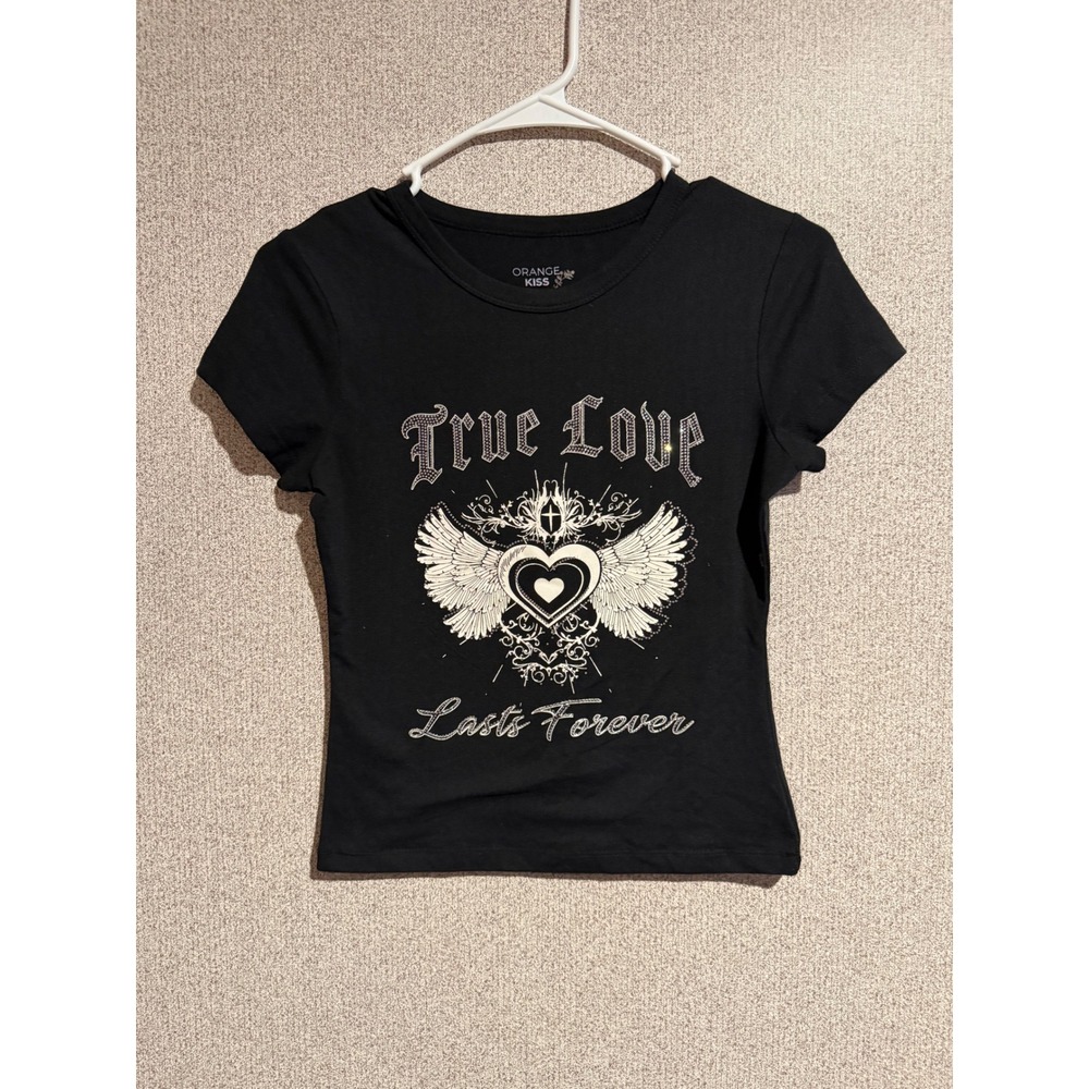 Orange Kiss True Love Lasts Forever Rhinestone Graphic Baby Tee Black Small